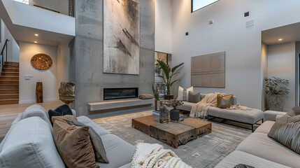 Luxurious Scandinavian Living Room Showcasing a Monochromatic White Color Scheme, High-End Minimalist Furniture, Abstract Ceramic Sculptures, and Potted Snake Plants
