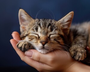 Lovely cat finding comfort and safety, sleeping soundly in caring hands on a deep blue background
