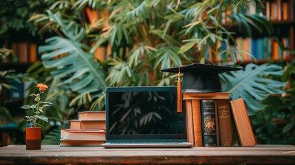 Laptop with book-like screen offering e-learning, surrounded by books and a graduation hat, embodying online education at home