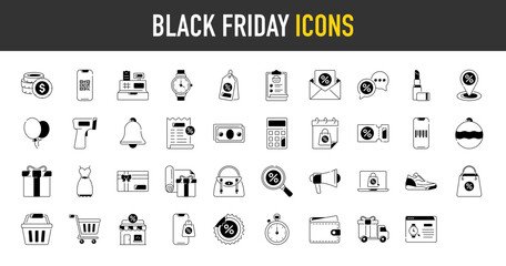 Black friday sale icons set. Shopping and e-commerce, cart, discount, gift, holidays sale, wallet, store and more vector icon illustration.