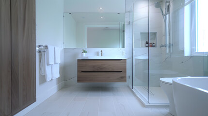 A photo of A minimalist bathroom with clean lines, a floating vanity, and a frameless glass shower enclosure, highlighting the simplicity and functionality of the space