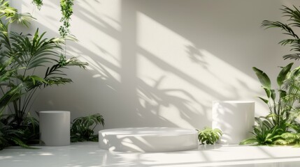 Serene 3D abstract white space featuring realistic cylindrical pedestals under leafy shadows, perfect for product displays