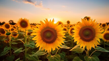 Field of upright sunflowers under the sun