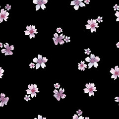 Pink lilac watercolor flowers on a black background, seamless pattern, hand-drawn. Floral background. Blooming cherry blossoms. Template for design, decoration, fabric, wrapping paper, wallpaper.