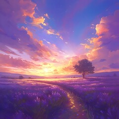 Breathtaking Lavender Field at Golden Hour Sunset with Ethereal Sky and Silhouetted Tree