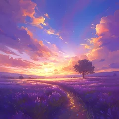 Foto auf Acrylglas Dunkelblau Breathtaking Lavender Field at Golden Hour Sunset with Ethereal Sky and Silhouetted Tree