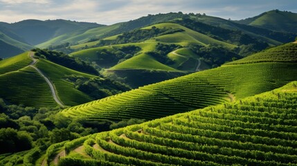 Rolling hillside adorned with rows of grapevines