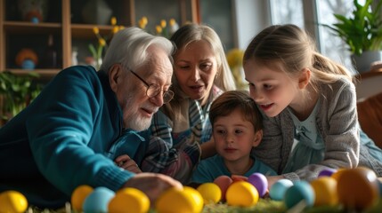 The elderly couple, young boy, and fruit are at the table sharing natural foods while decorating...
