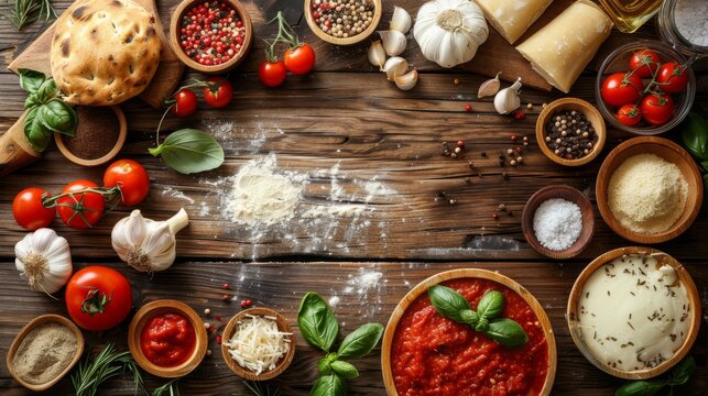 White wooden backdrop hosting a vibrant selection of ingredients for crafting the perfect homemade pizza, inviting creativity