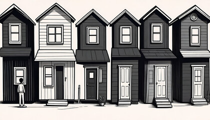 Various black small and tiny Houses.  Different pants and shoes. Cartoon comic style. Hand drawn Vector illustration.