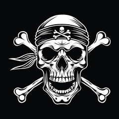 Skull pirate logo illustration. Pirate icon, logo, symbol isolated on white background. Pirate icon with skull, hat and crossed swords. Vintage print for t-shirt