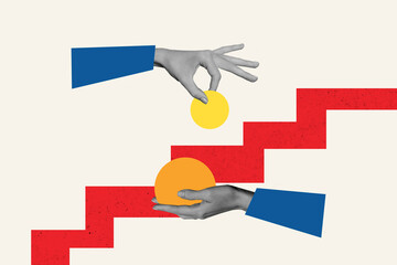Composite photo collage of two hands buyer transfer payment money goods exchange charity coin...