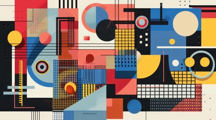 Colorful array of geometric forms set in a modern minimal vector composition, reflecting the essence of abstract art