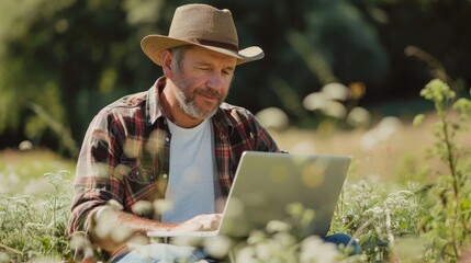 Farmer with laptop in the field, blending new technology with traditional agribusiness for enhanced productivity - obrazy, fototapety, plakaty
