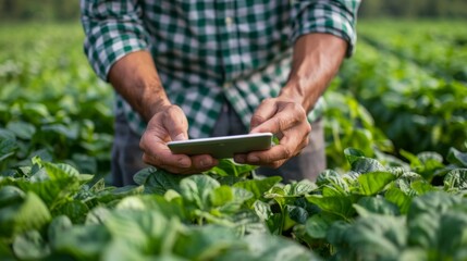 Farmer's hands clutching a tablet amidst crops, blending agriculture with modern tech to revolutionize farming practices