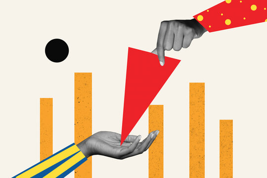 Composite photo collage of two hands transfer payment money goods exchange charity earnings sharp isolated on painted background