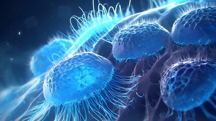 Intricate Microscopic Anatomy of Inner Ear Hair Cells Illuminated by Incandescent Blue Sound Waves on Dark Background