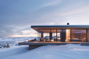 Modern eco lodge, eco hotel, retreat or modern house with panoramic glass windows in minimalistic style with flat roof in winter, snowy landscape . Silent atmosphere.AI generated