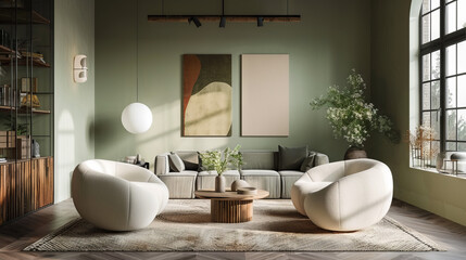 Luxurious Scandinavian Living Room Showcasing a Light Sage Green Color Palette, Comfortable Loveseats, Abstract Metal Wall Art, and Natural Wood Accents
