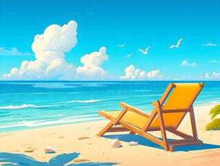 Peaceful Beach Chair Overlooking Serene Oceanscape with Azure Skies and Fluffy Clouds