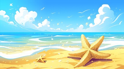Fototapeta na wymiar Peaceful Starfish on Idyllic Tropical Beach with Ocean Waves and Cloudscape