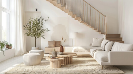Luxurious Scandinavian Living Room with Mezzanine Level, White Walls, Statement Chandelier, and Plush Seating
 - obrazy, fototapety, plakaty