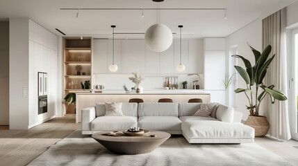 Fototapeta na wymiar Luxurious Scandinavian Living Room with White Built-In Cabinetry, Plush Sectional, Modern Pendant Lights, and Minimalist Decor 