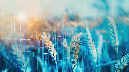 Double exposure of wheat ears, seeds, and financial graphs symbolizing the intersection of agriculture and economy, ideal for investors and agricultural stakeholders. - 780799915
