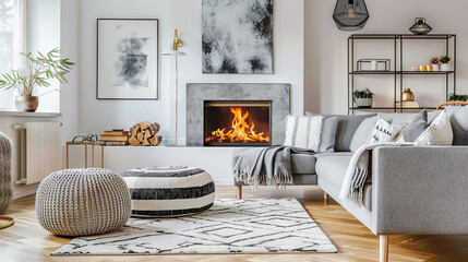 Luxurious Scandinavian Living Room with Dramatic Fireplace, Light Gray Walls, Comfortable Modular Sofa, and Modern Art
