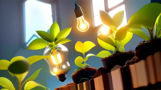 An artistic image showing a light bulb nurturing a green plant indoors, symbolizing growth and environmental awareness.