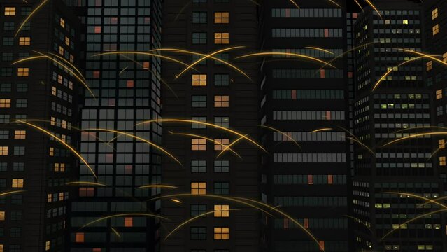 Light Trails Over Skyscrapers. Symbolizes Digital Network. City Related 3D Animations.