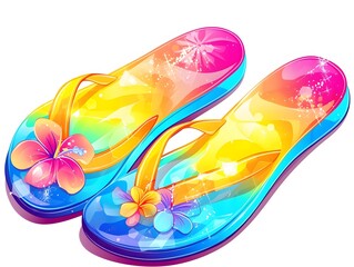 Vibrant Floral Accented Flip Flops in Colorful Rainbow Hues Suggesting a Relaxing Tropical Vacation Experience