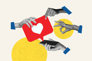 Composite trend artwork sketch 3D photo collage of four hands show different gesture okay hold...
