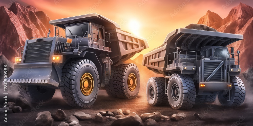 Wall mural , holding a laptop computer while looking at an excavator working on the ground with golden hour lig