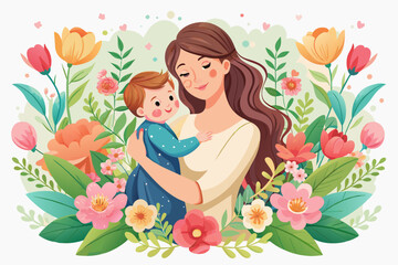 mother day illustration watercolor mother and baby flowers