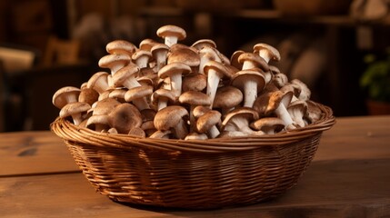 Basket brimming with fresh shiitake mushrooms
