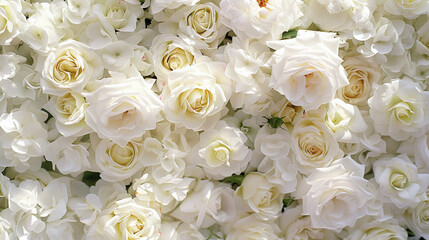 Backdrop of white roses flowers. wedding backgrounds.
