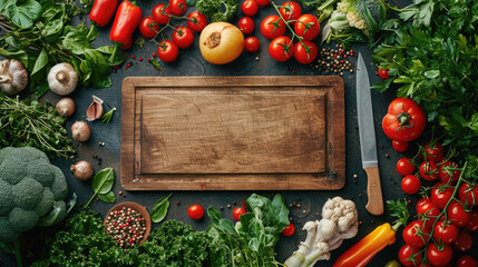 Fototapeta na wymiar fresh vegetables around the board with knife top view, in the style of uhd image