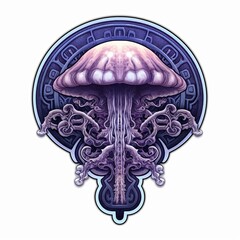 A purple jellyfish with a long stem is the main focus of this image. The jellyfish is surrounded by a circle, which could represent a shell or a protective casing. Mushroom sticker