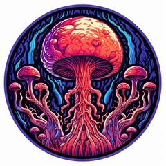 A colorful painting of a mushroom with many other mushrooms surrounding it. The painting has a psychedelic and surreal feel to it. Mushroom sticker