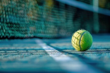 Tennis Ball on the Court with Net and Racket in the Background Showing the Sport of Tennis and its Competitive Nature - obrazy, fototapety, plakaty