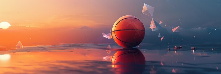 Tranquil Basketball Reflection at Serene Sunset with Ethereal Geometric Shapes - obrazy, fototapety, plakaty
