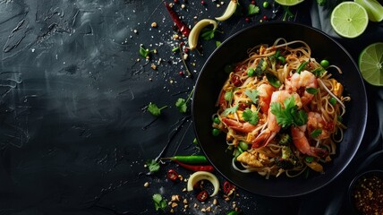 Vibrant Pad Thai Noodles with Fresh Shrimp and Aromatic Vegetables on Dark Background - obrazy, fototapety, plakaty