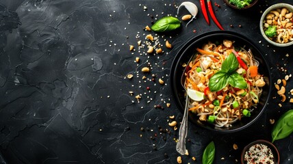 Vibrant Pad Thai Noodle Dish with Shrimp,Vegetables,and Flavorful Sauce on Dark Moody Background with Copy Space