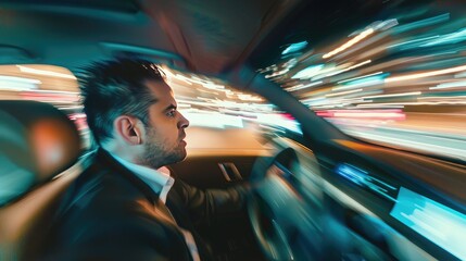 Motion-blurred image of a stressed man checking time in a car, reflecting the chaos and tension of being late for an important appointment.