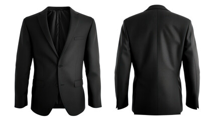 A black suit jacket, virgin wool, front and back view, mockup, transparent or isolated on white background