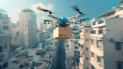 Fototapeta na wymiar Drone express parcel. Delivery flying drone package cardboard box on sky.
