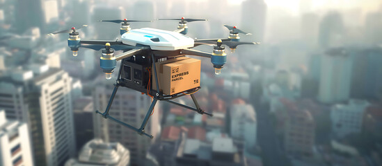 Drone express parcel. Delivery flying drone package cardboard box on sky.