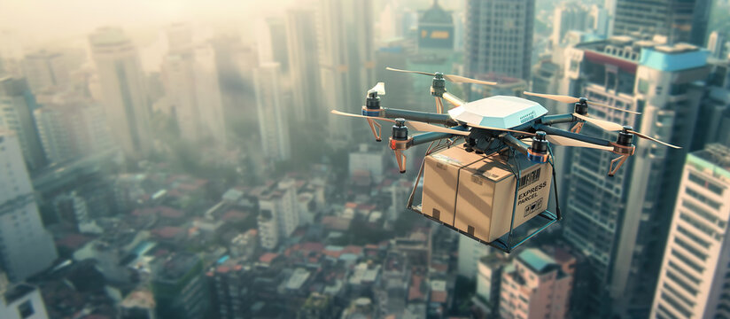 Drone express parcel. Delivery flying drone package cardboard box on sky.