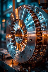 The rotating blades of the electric turbine in an industrial factory, with its metallic exterior 
